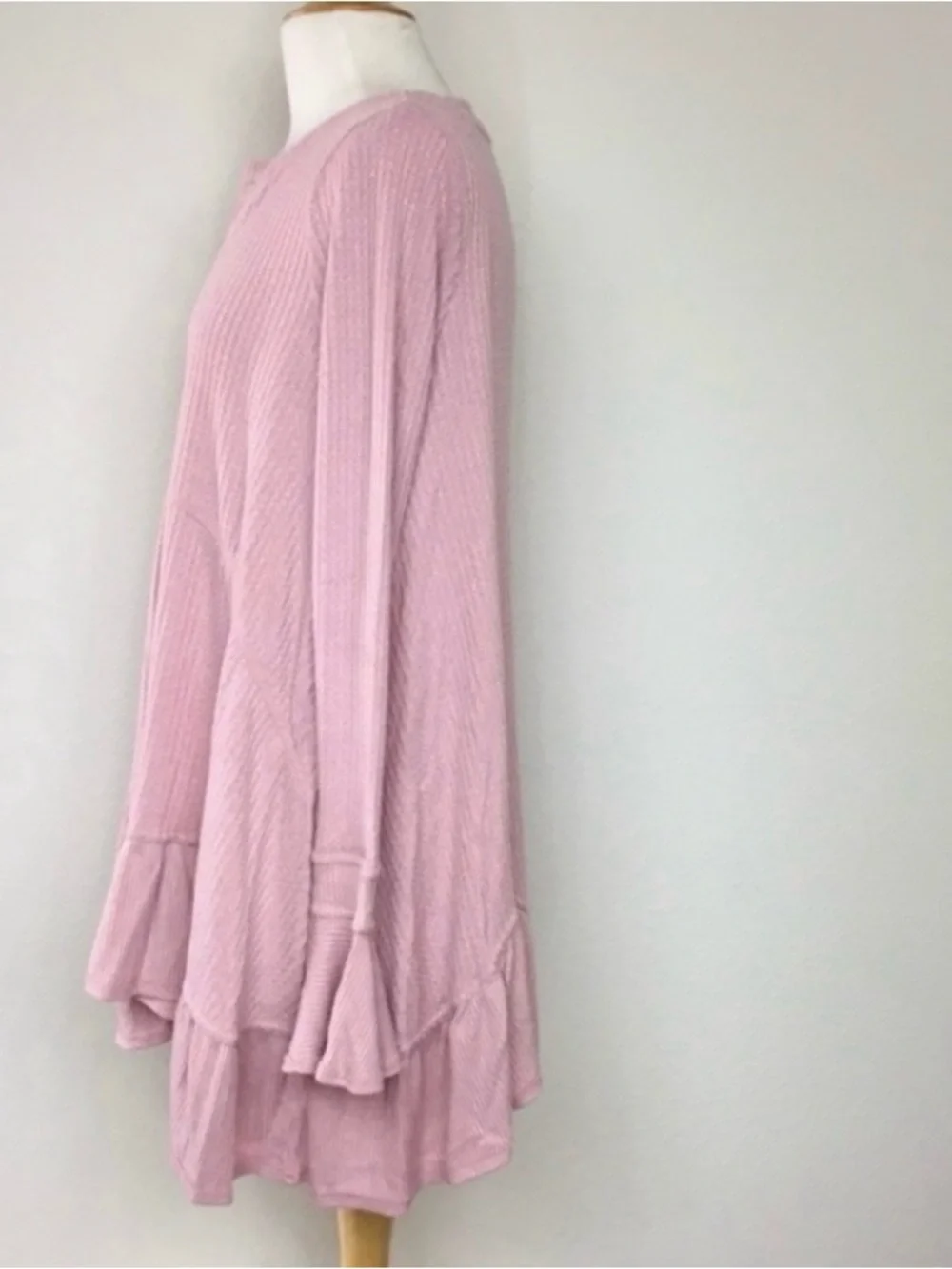Free People Womens Pink Blush Waffle Knit Tiered Tunic XS Cottagecore Coastal